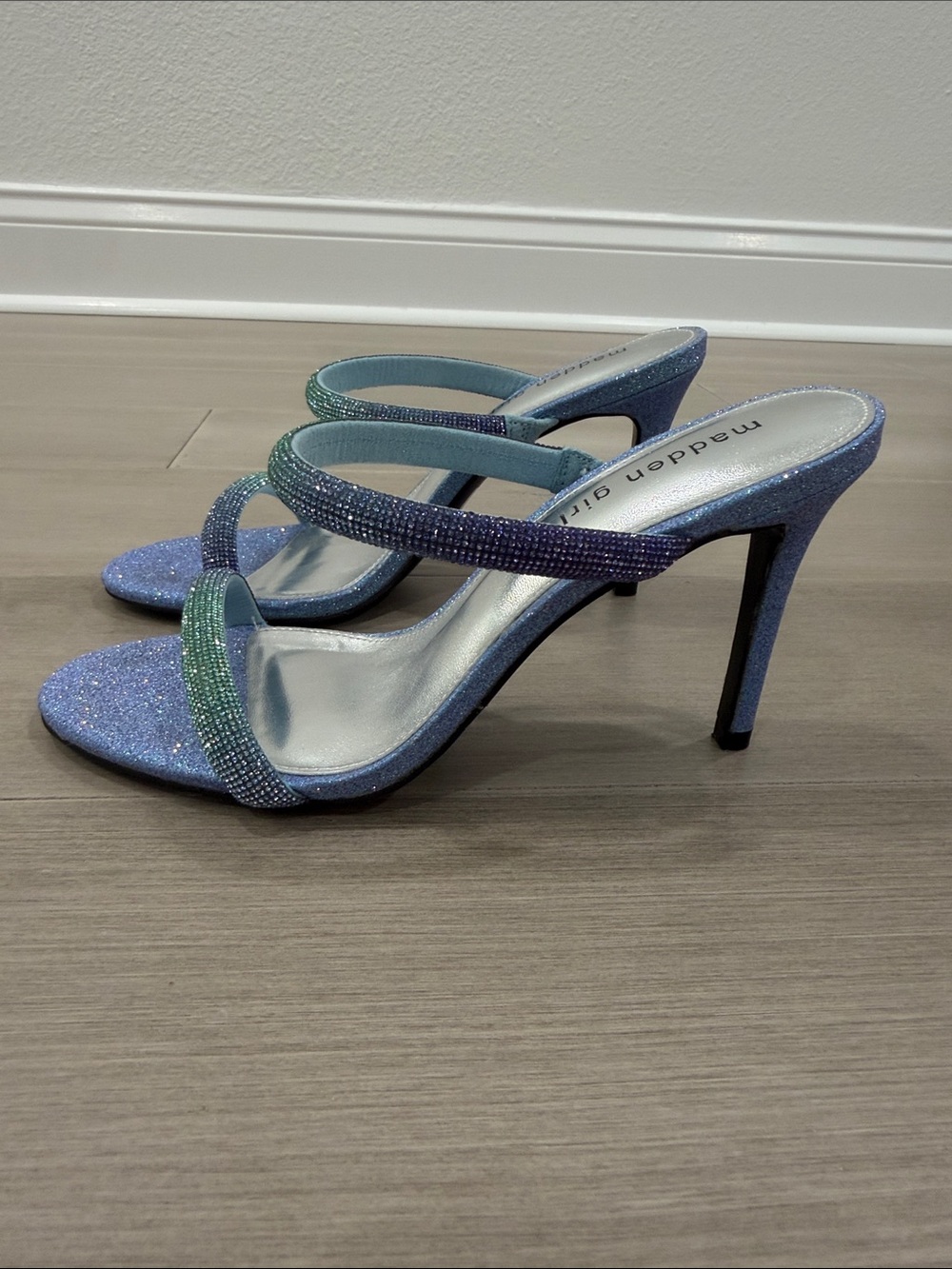 Madden Girl Blue Multi Glitter Double-Strap Slide Heels with 3.5 inch heel.